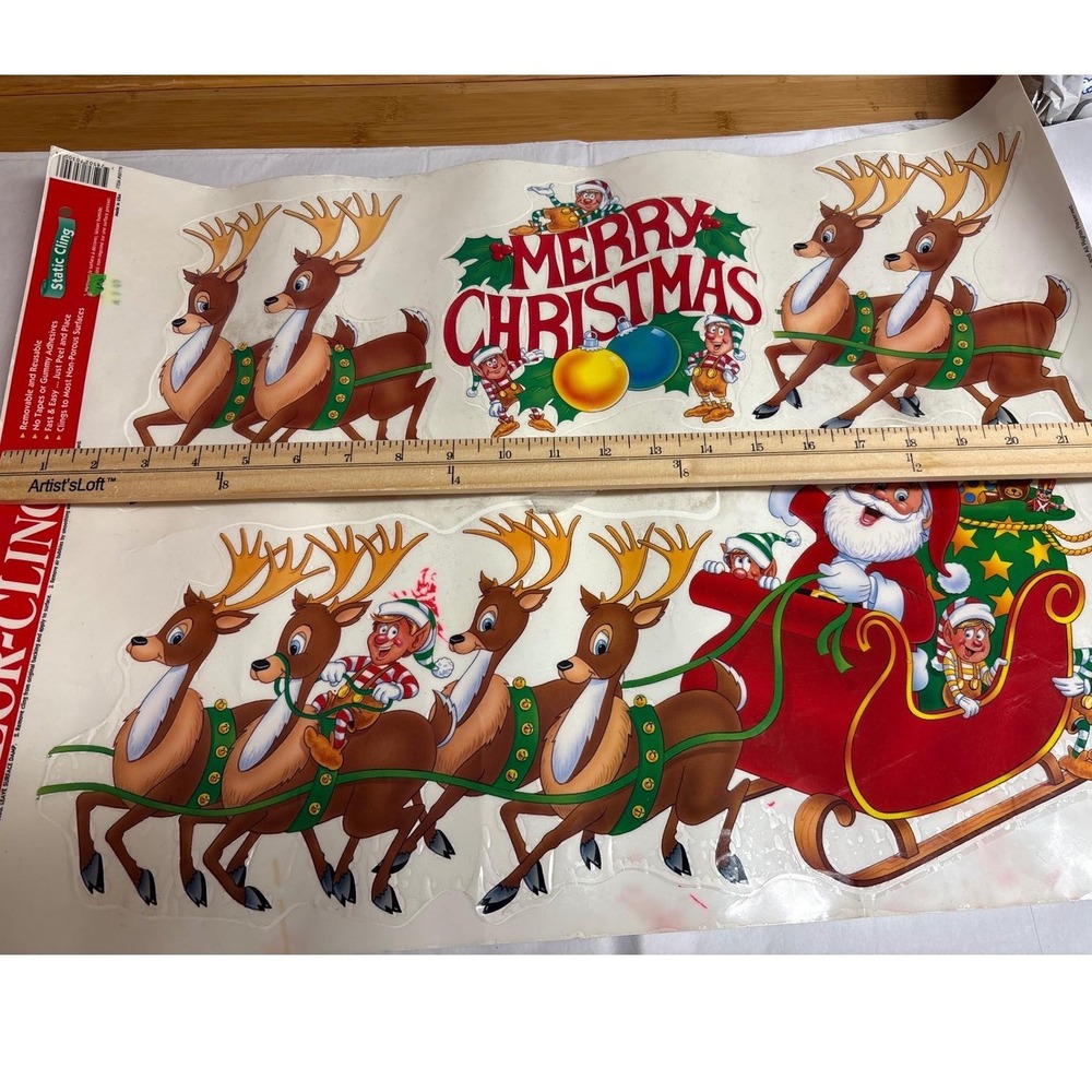 Vintage 1996 Color-Clings Jumbo Christmas Window Decorations Santa Reindeer 22in
